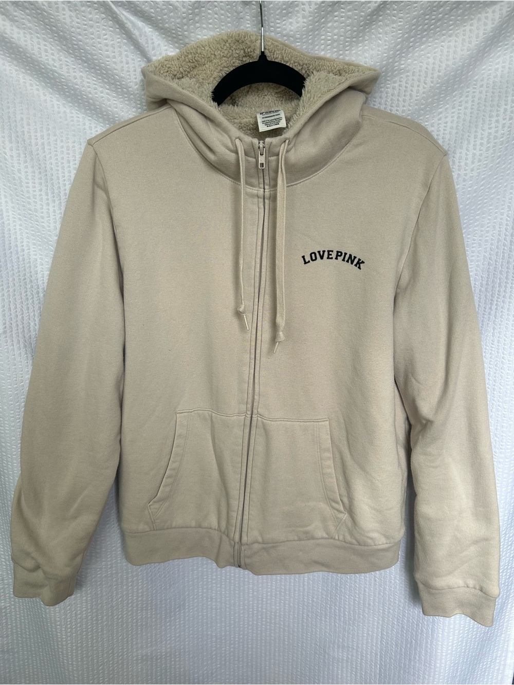 PINK Victoria's Secret Cream 'LOVE PINK' Sherpa-Lined Full Zip Hoodie Size XL